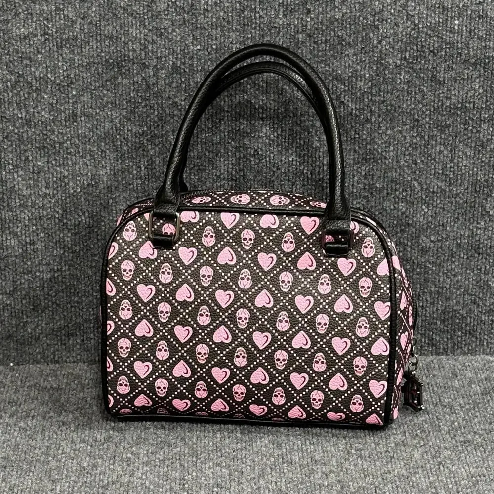 Ed Hardy Satchel Bag Womens Black Pink Skull Hearts Rhinestone Vegan NWT Rock